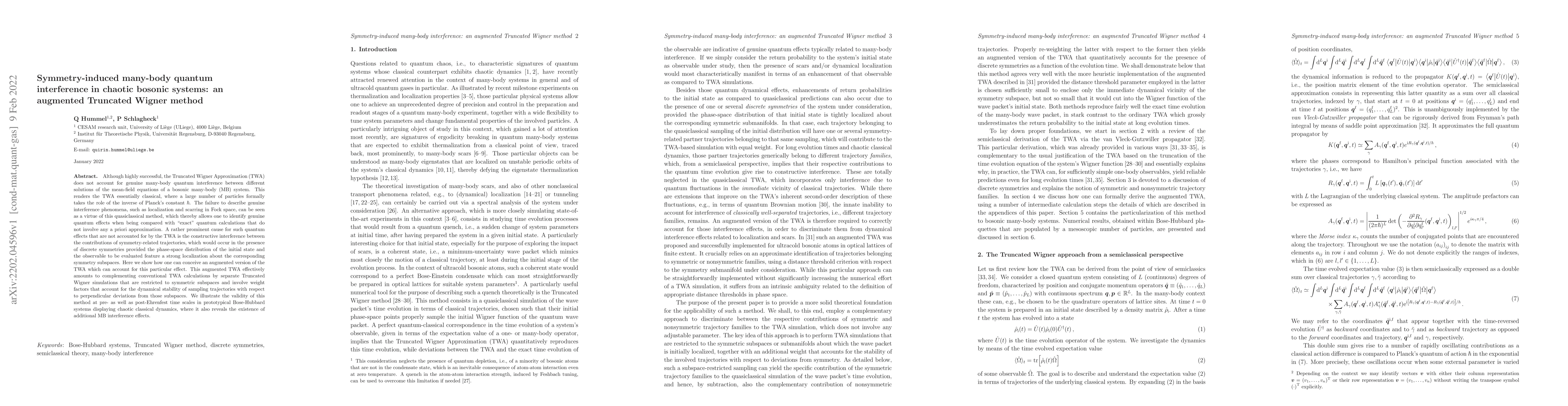 Thumbnail for Symmetry-induced many-body quantum interference in chaotic bosonic
  systems: an augmented Truncated Wigner method