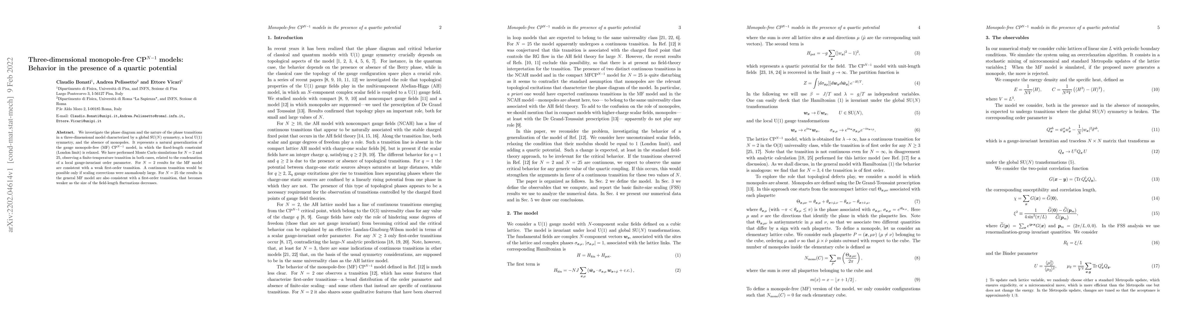 Thumbnail for Three-dimensional monopole-free CP$^{N-1}$ models: Behavior in the
  presence of a quartic potential