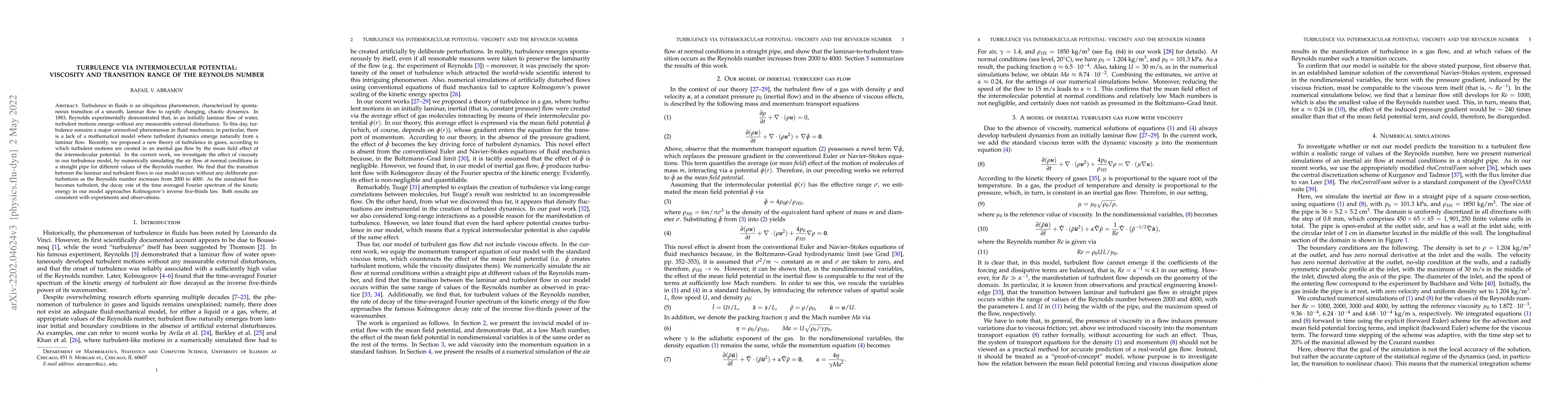 Thumbnail for Turbulence via intermolecular potential: Viscosity and transition range
  of the Reynolds number