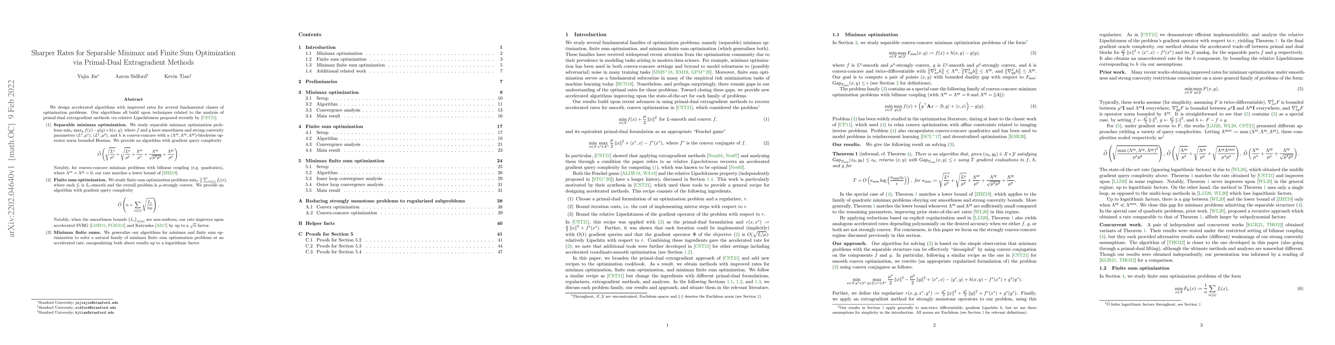 Thumbnail for Sharper Rates for Separable Minimax and Finite Sum Optimization via
  Primal-Dual Extragradient Methods