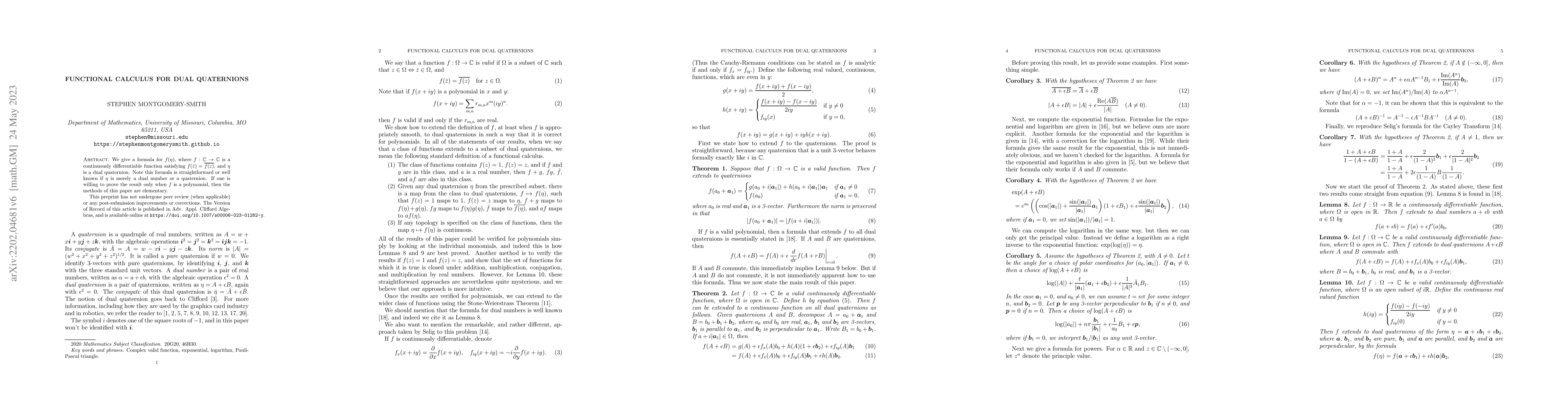 Thumbnail for Functional calculus for dual quaternions