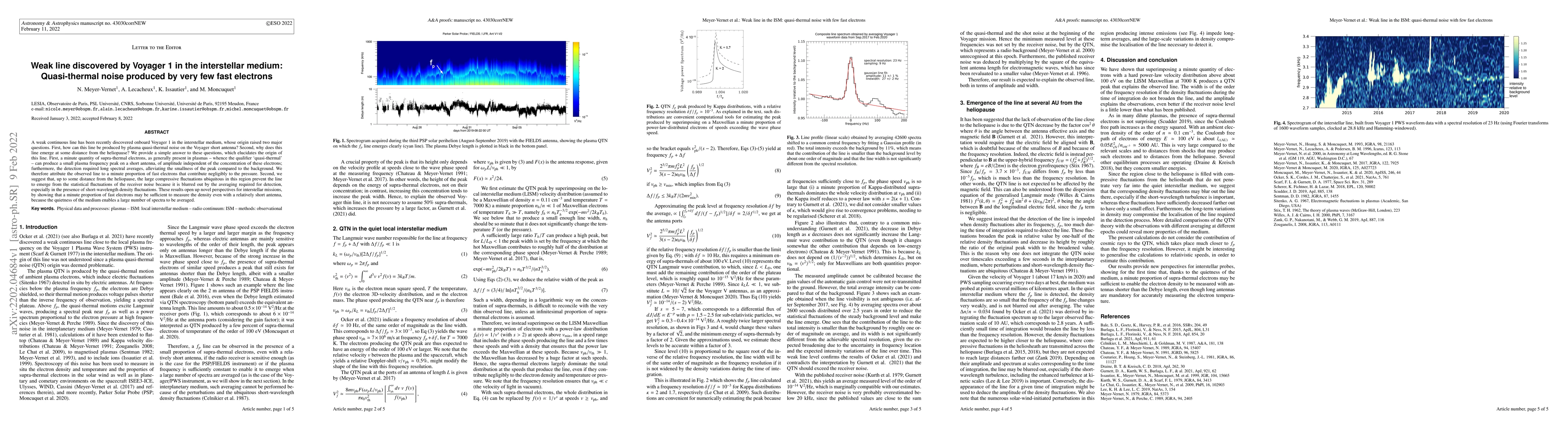 Thumbnail for Weak line discovered by Voyager 1 in the interstellar medium:
  Quasi-thermal noise produced by very few fast electrons