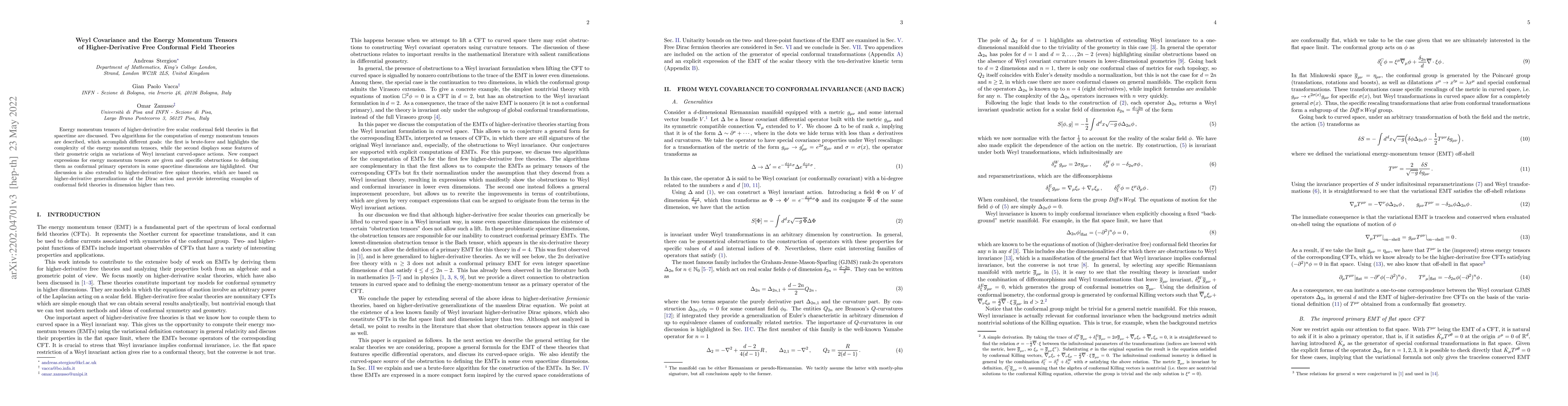 Thumbnail for Weyl Covariance and the Energy Momentum Tensors of Higher-Derivative
  Free Conformal Field Theories