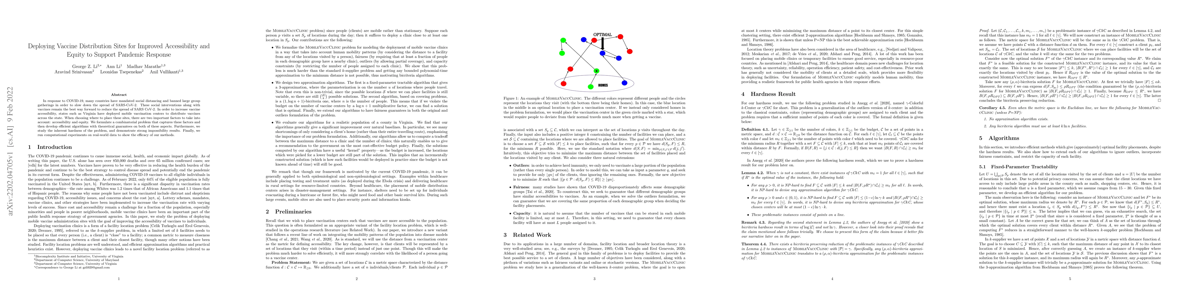 Thumbnail for Deploying Vaccine Distribution Sites for Improved Accessibility and
  Equity to Support Pandemic Response