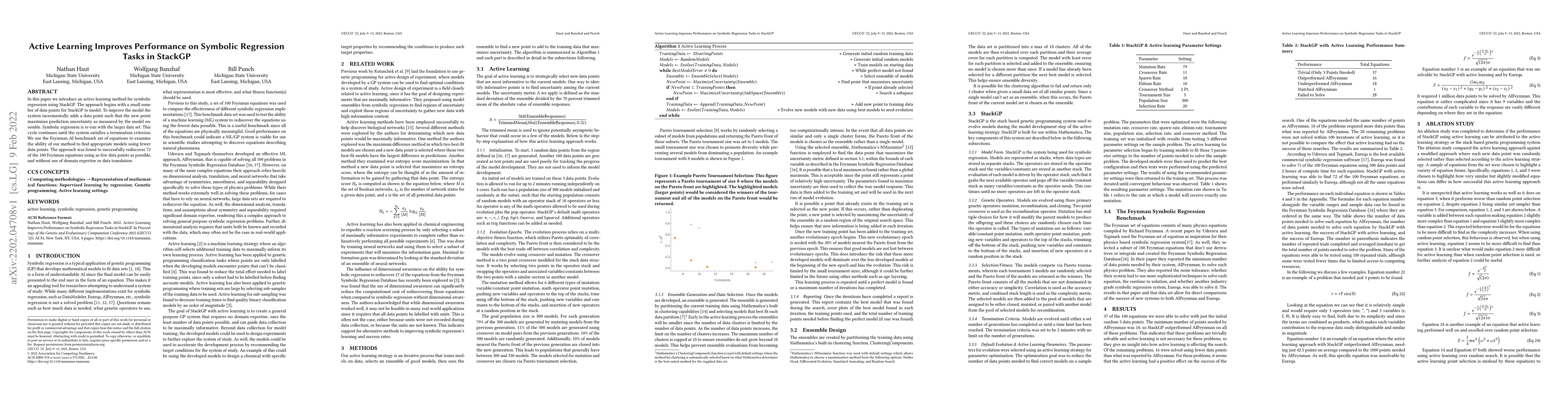 Thumbnail for Active Learning Improves Performance on Symbolic RegressionTasks in
  StackGP