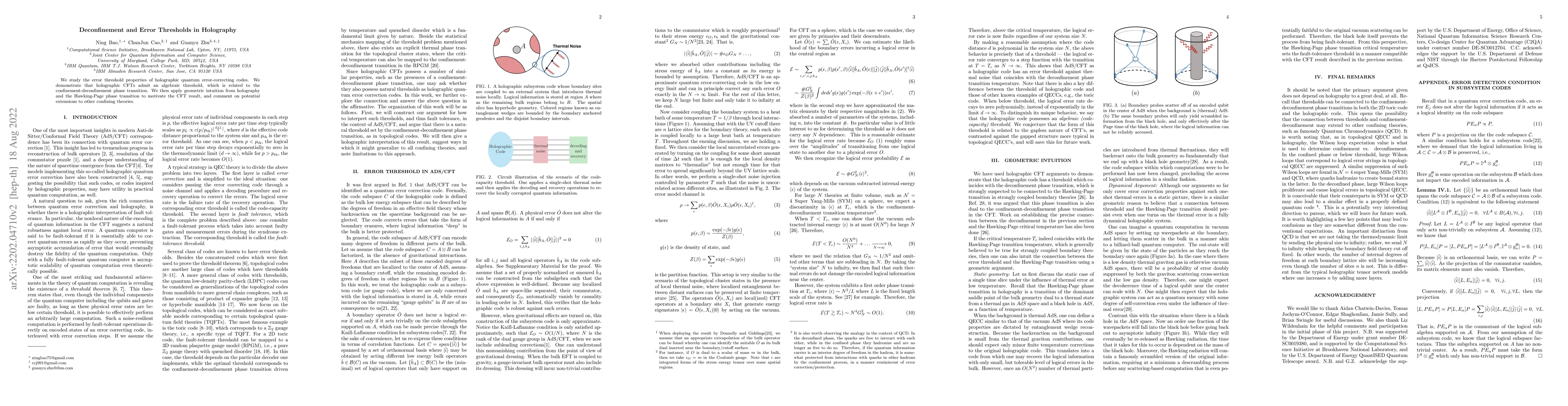 Thumbnail for Deconfinement and Error Thresholds in Holography