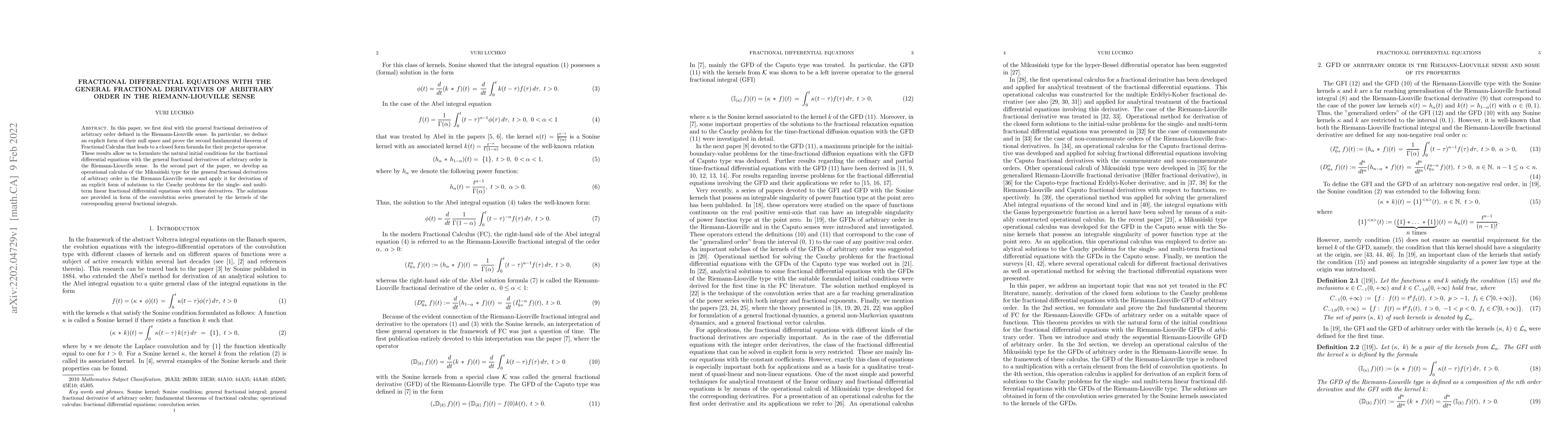 Thumbnail for Fractional Differential Equations with the General Fractional
  Derivatives of Arbitrary Order in the Riemann-Liouville Sense