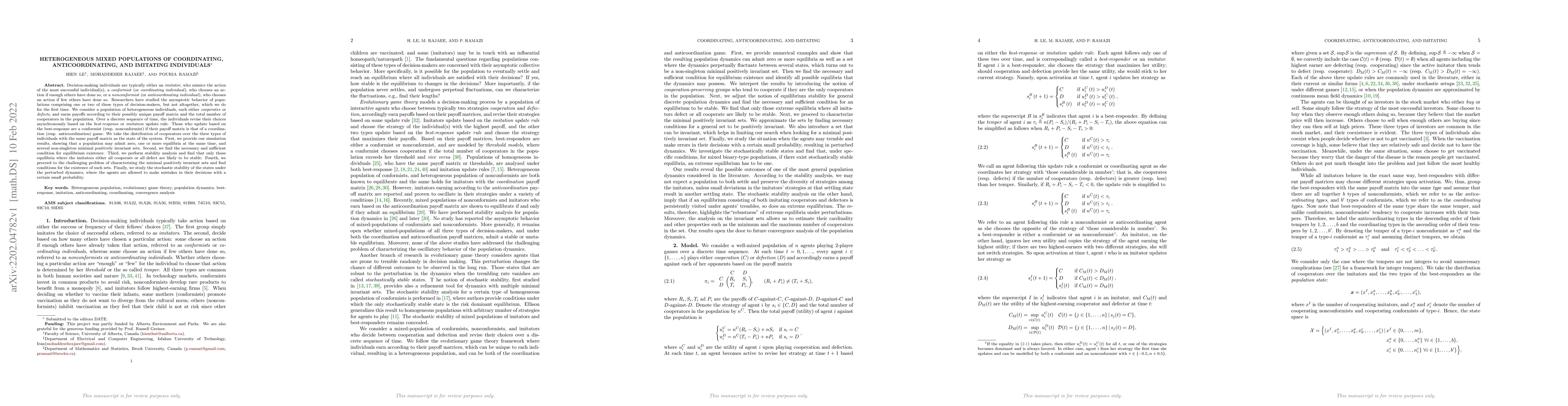 Thumbnail for Heterogeneous Mixed Populations of Coordinating, Anticoordinating, and
  Imitating Individuals