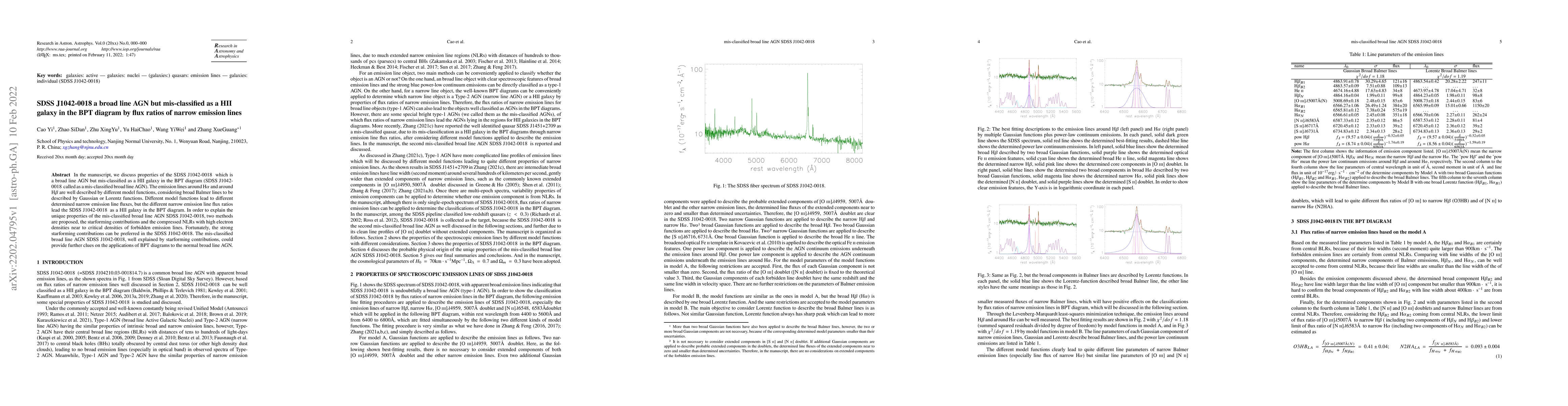 Thumbnail for SDSS J1042-0018 a broad line AGN but mis-classified as a HII galaxy in
  the BPT diagram by flux ratios of narrow emission lines