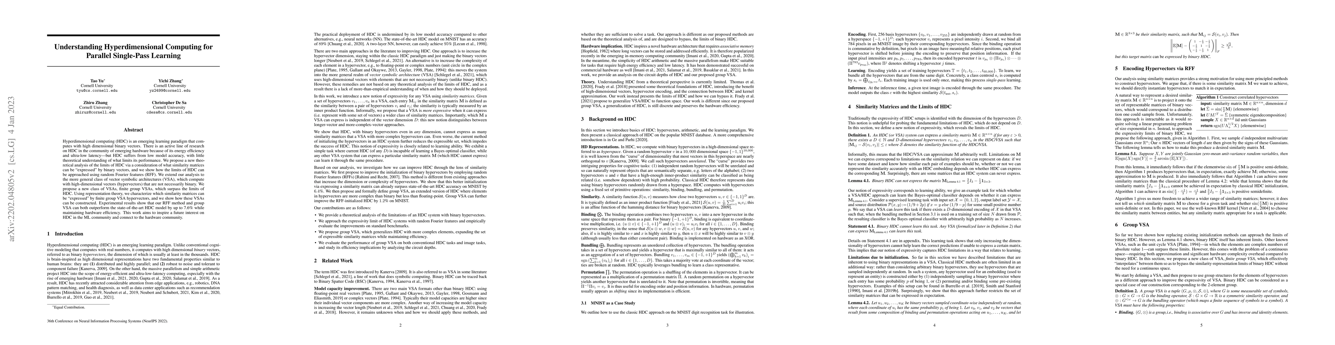 Thumbnail for Understanding Hyperdimensional Computing for Parallel Single-Pass
  Learning