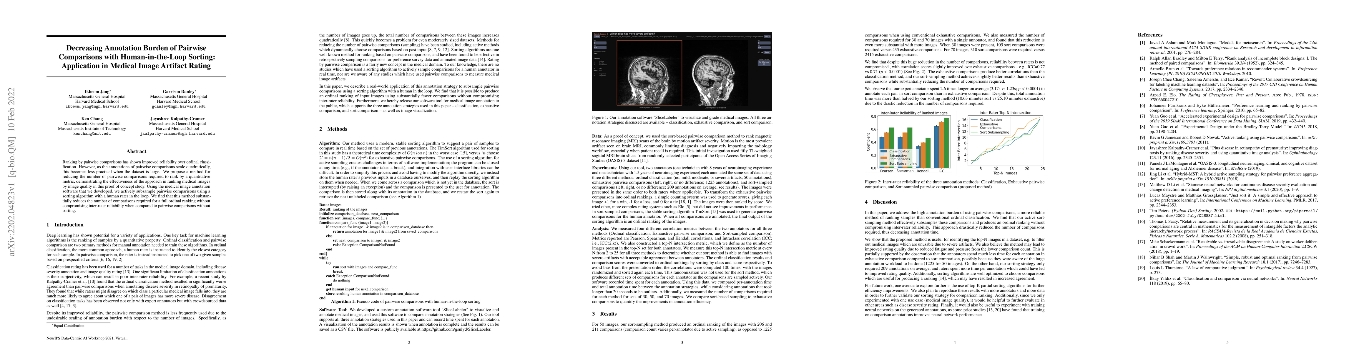 Thumbnail for Decreasing Annotation Burden of Pairwise Comparisons with
  Human-in-the-Loop Sorting: Application in Medical Image Artifact Rating