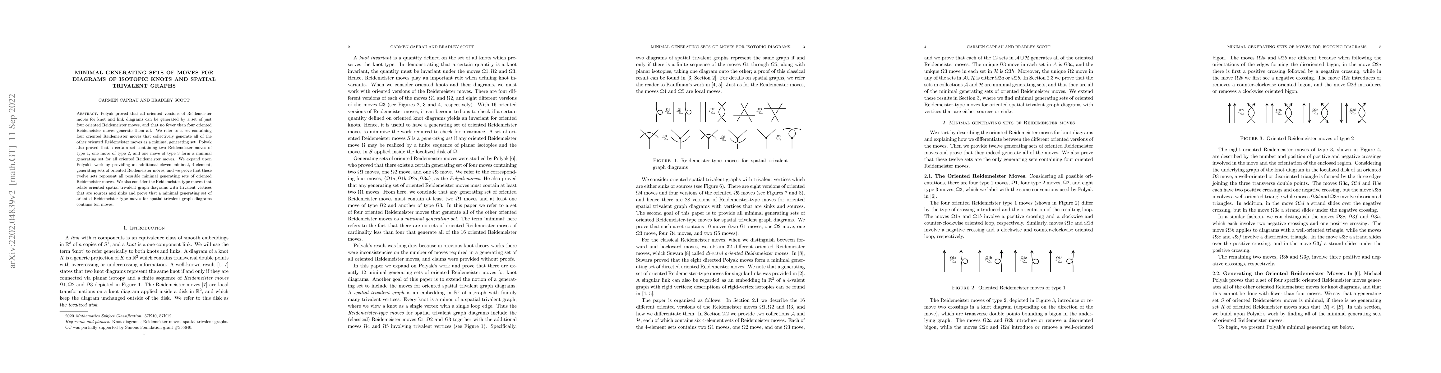 Thumbnail for Minimal generating sets of moves for diagrams of isotopic knots and
  spatial trivalent graphs