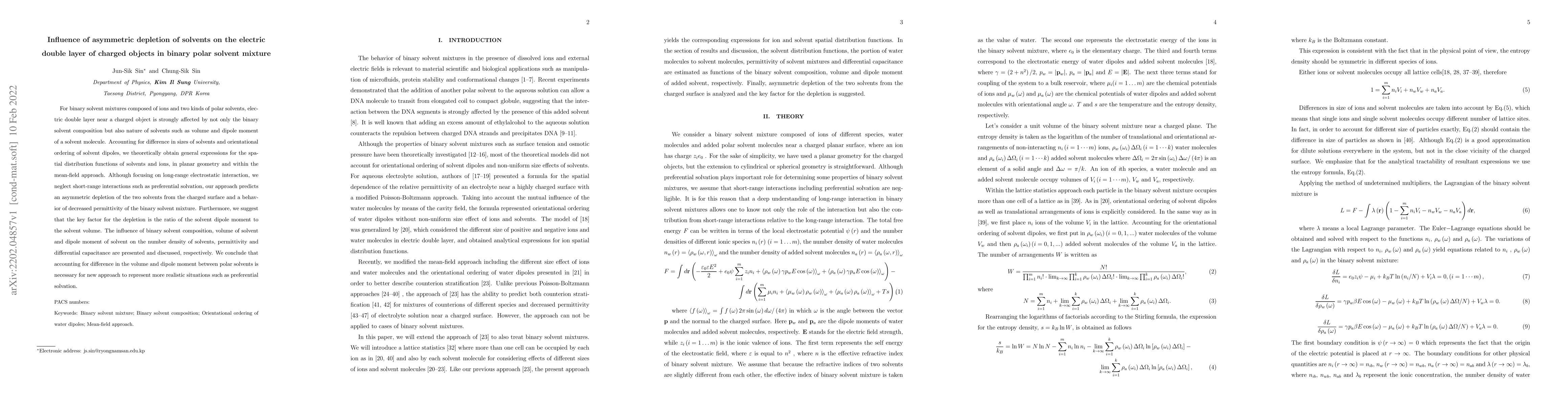 Thumbnail for Influence of asymmetric depletion of solvents on the electric double
  layer of charged objects in binary polar solvent mixture