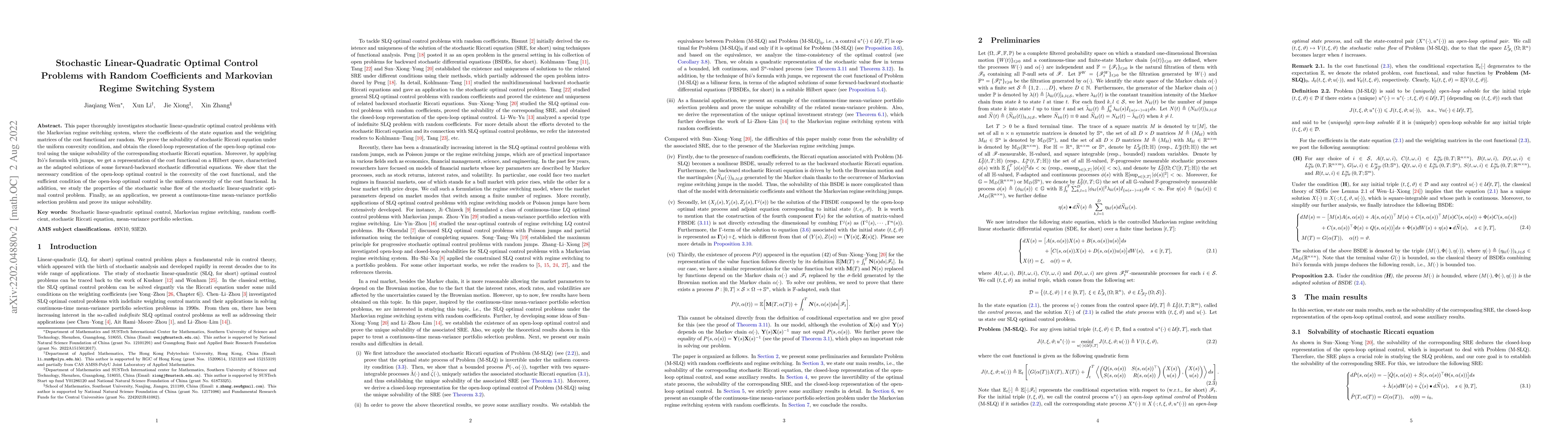Thumbnail for Stochastic Linear Quadratic Optimal Control Problems with Random
  Coefficients and Markovian Regime Switching System