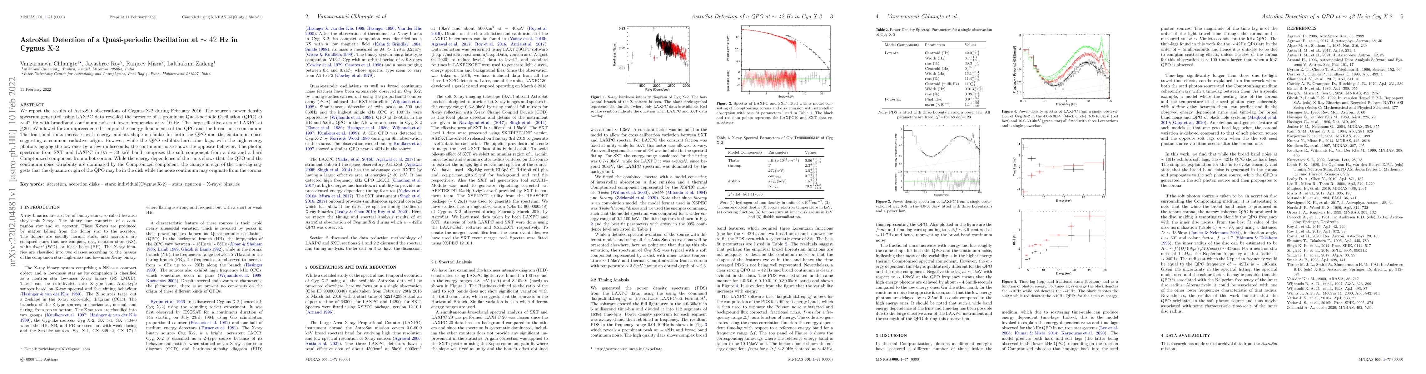 Thumbnail for AstroSat Detection of a Quasi-periodic Oscillation at ~ 42 Hz in Cygnus
  X-2