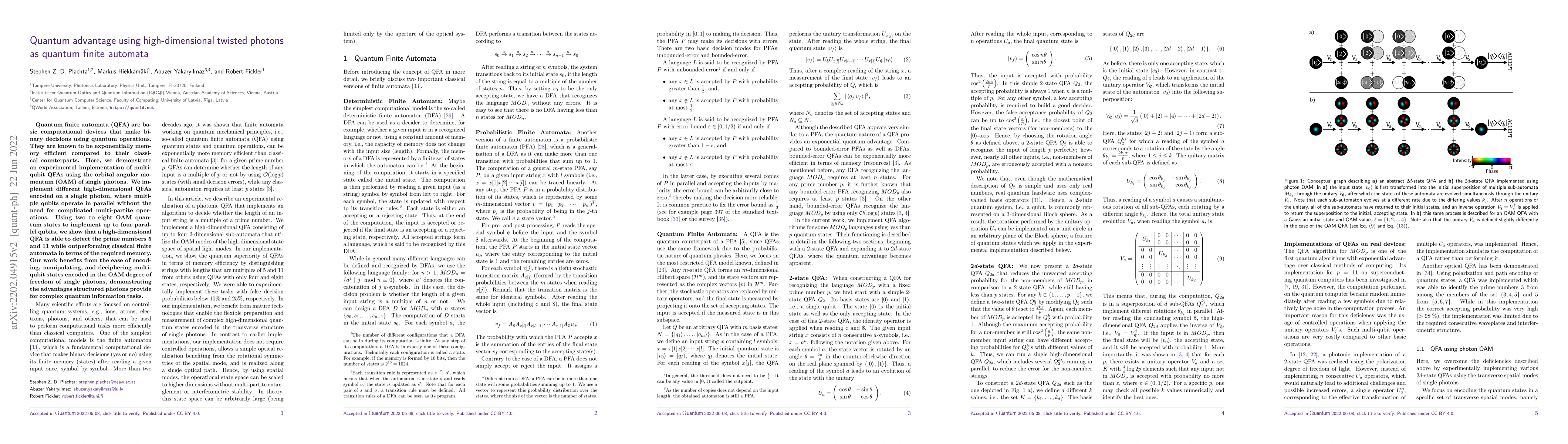 Thumbnail for Quantum advantage using high-dimensional twisted photons as quantum
  finite automata
