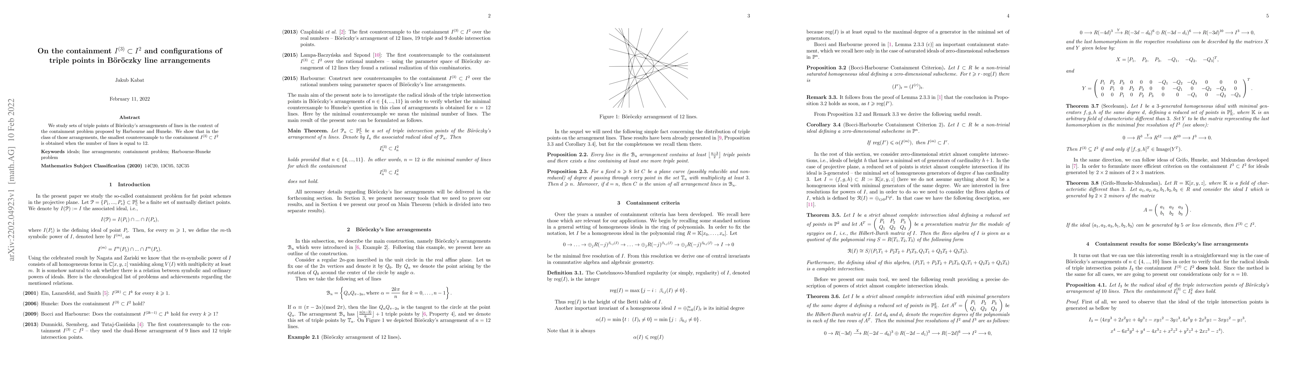 Thumbnail for On the containment $I^{(3)} \subseteq I^2$ and configurations of triple
  points in B\"{o}r\"{o}czky line arrangements