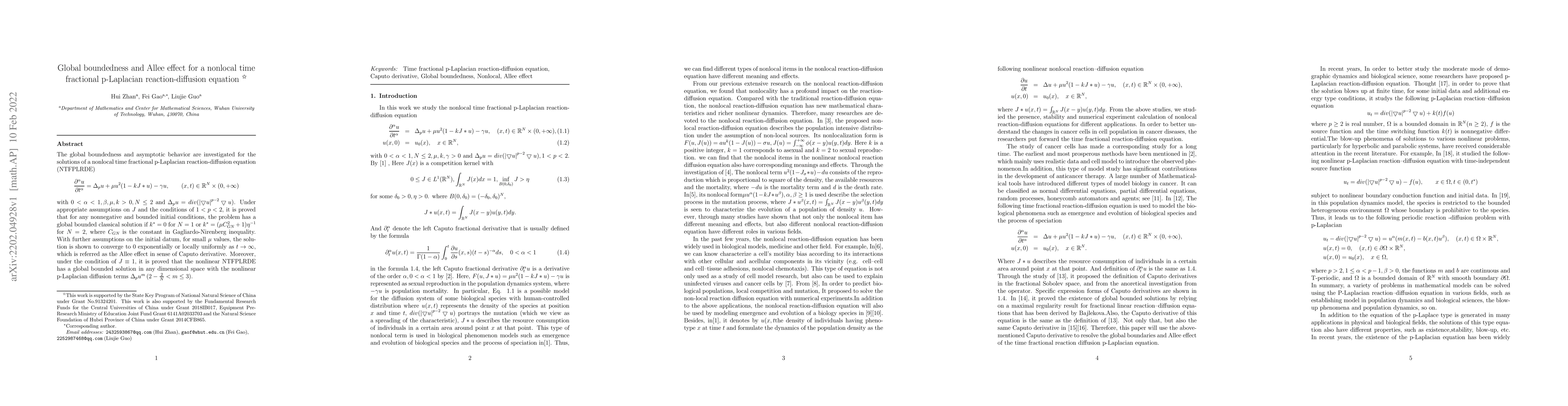 Thumbnail for Global boundedness and Allee effect for a nonlocal time fractional
  p-Laplacian reaction-diffusion equation