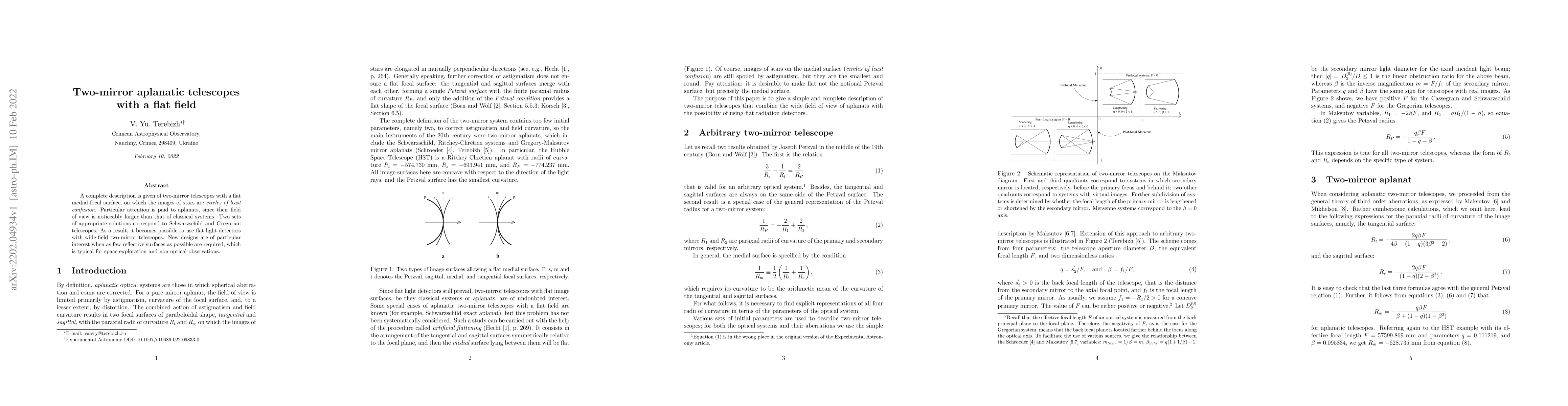 Thumbnail for Two-mirror aplanatic telescopes with a flat field