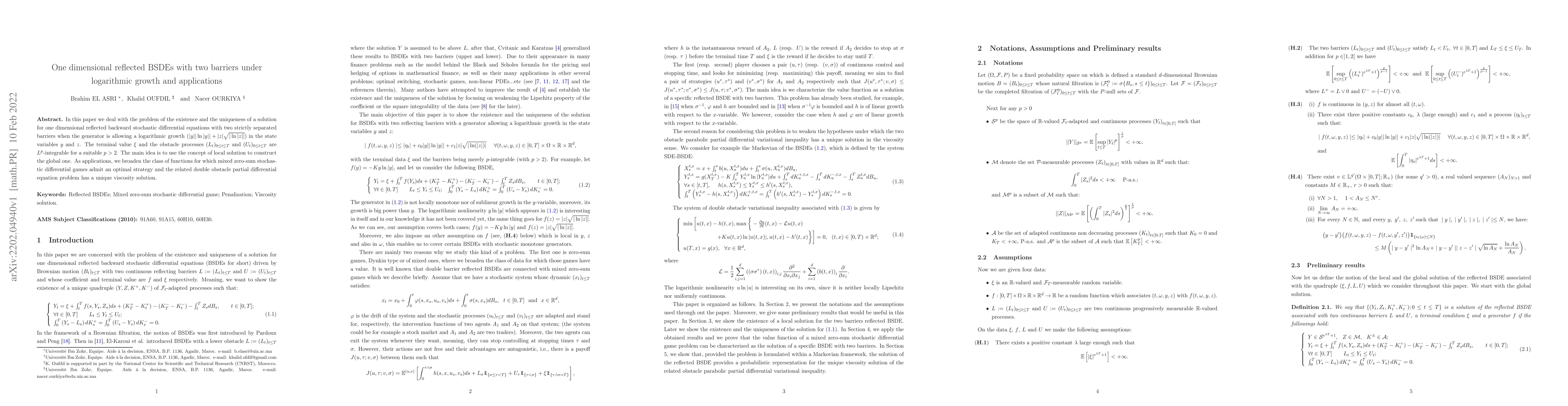 Thumbnail for One dimensional reflected BSDEs with two barriers under logarithmic
  growth and applications