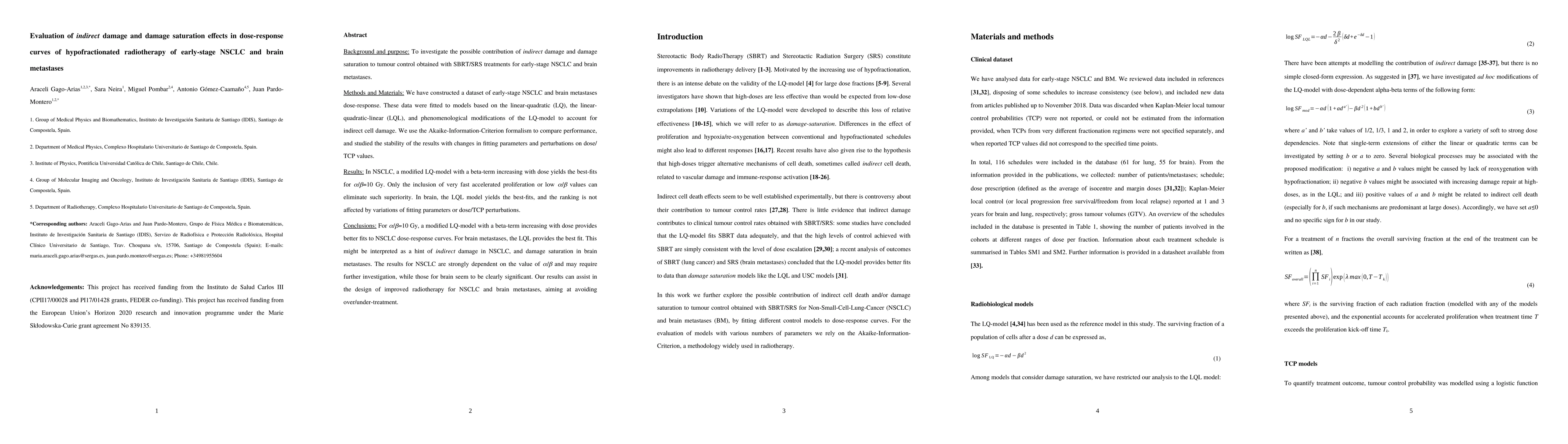 Thumbnail for Evaluation of indirect damage and damage saturation effects in
  dose-response curves of hypofractionated radiotherapy of early-stage NSCLC
  and brain metastases
