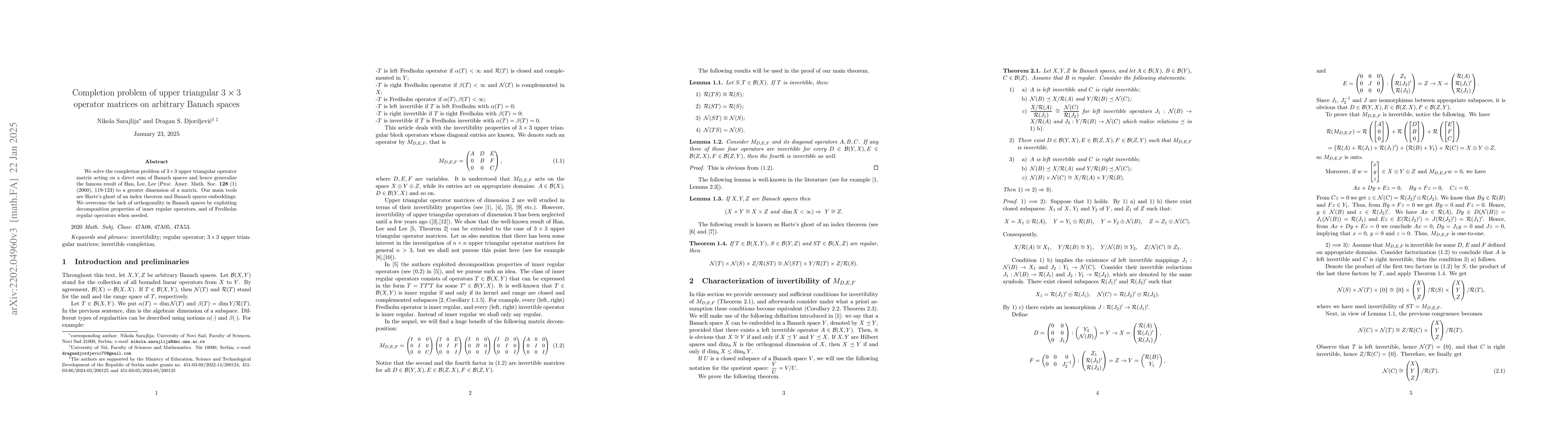 Thumbnail for Completion problem of upper triangular $3\times3$ operator matrices on
  arbitrary Banach spaces