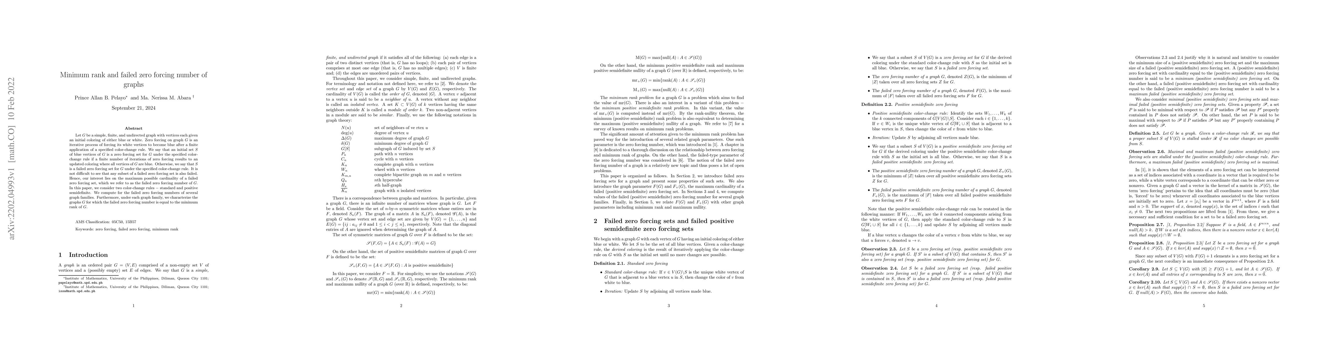 Thumbnail for Minimum rank and failed zero forcing number of graphs