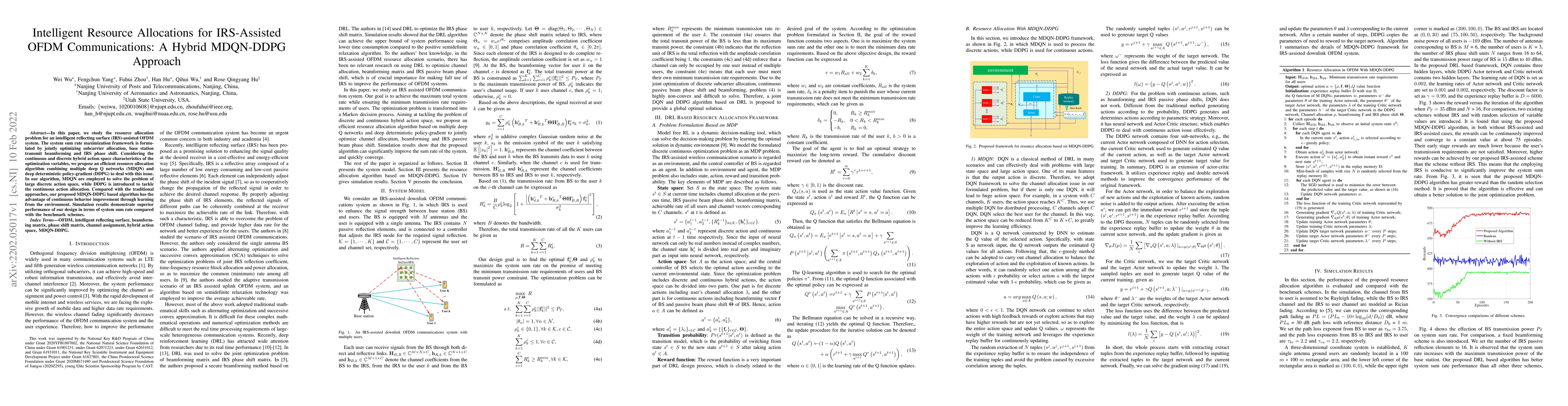 Thumbnail for Intelligent Resource Allocations for IRS-Assisted OFDM Communications: A
  Hybrid MDQN-DDPG Approach