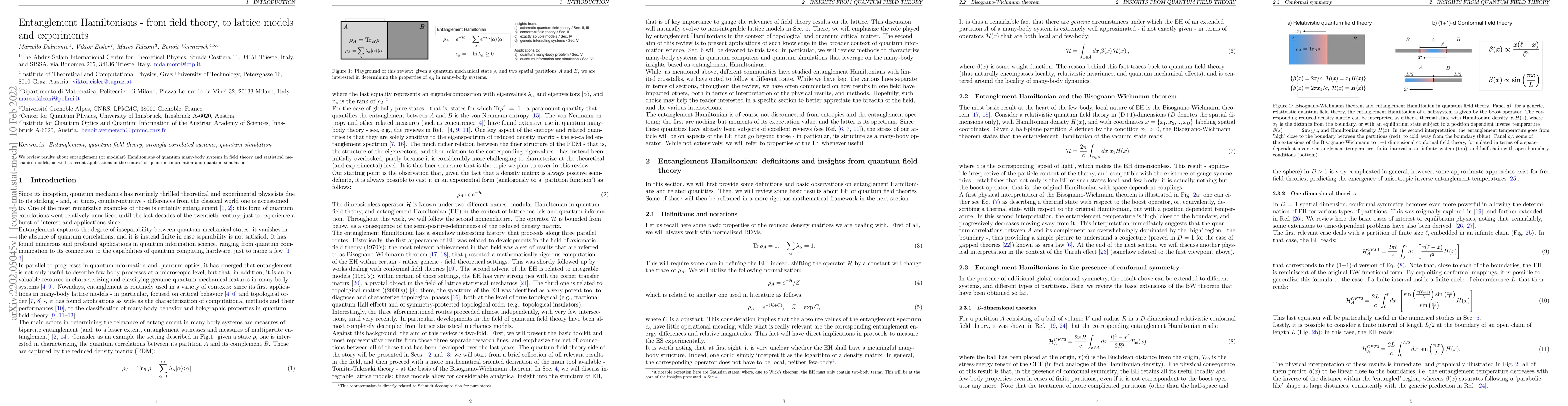 Thumbnail for Entanglement Hamiltonians: from field theory, to lattice models and
  experiments
