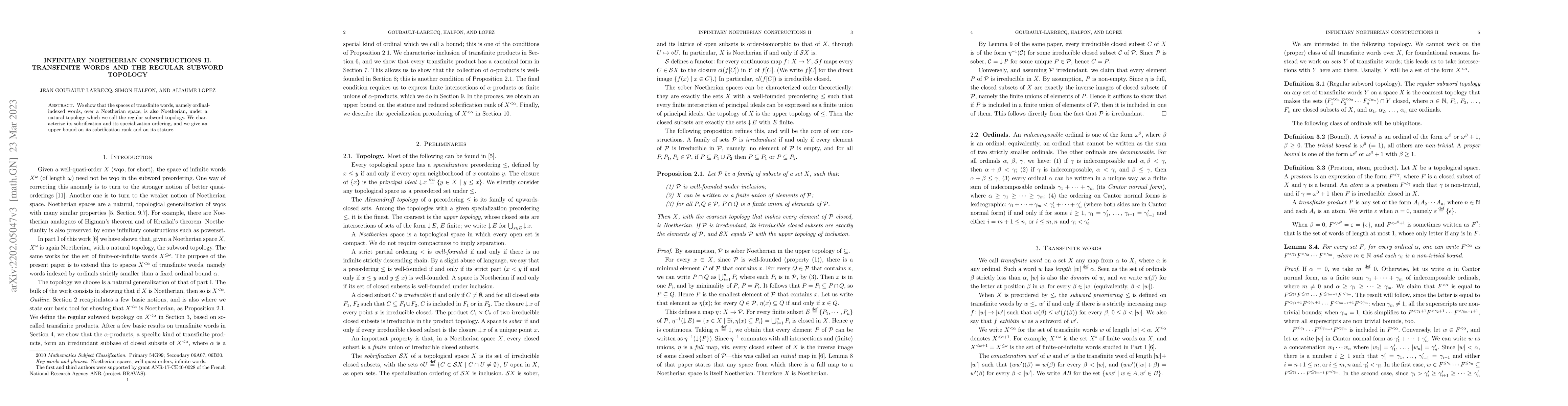 Thumbnail for Infinitary Noetherian Constructions II. Transfinite Words and the
  Regular Subword Topology