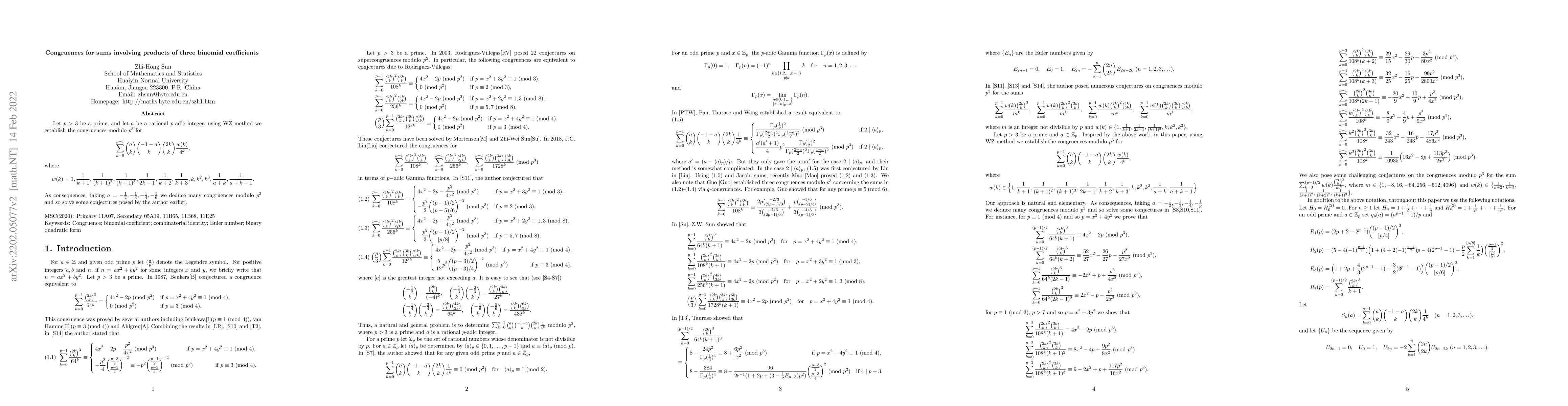 Thumbnail for Congruences for sums involving products of three binomial coefficients