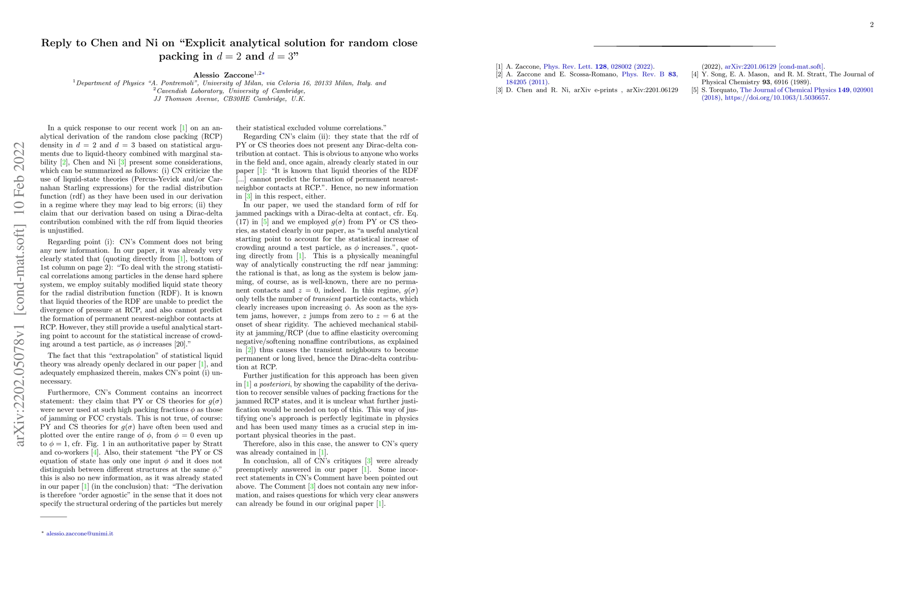 Thumbnail for Reply to Chen and Ni on "Explicit analytical solution for random close
  packing in $d=2$ and $d=3$"