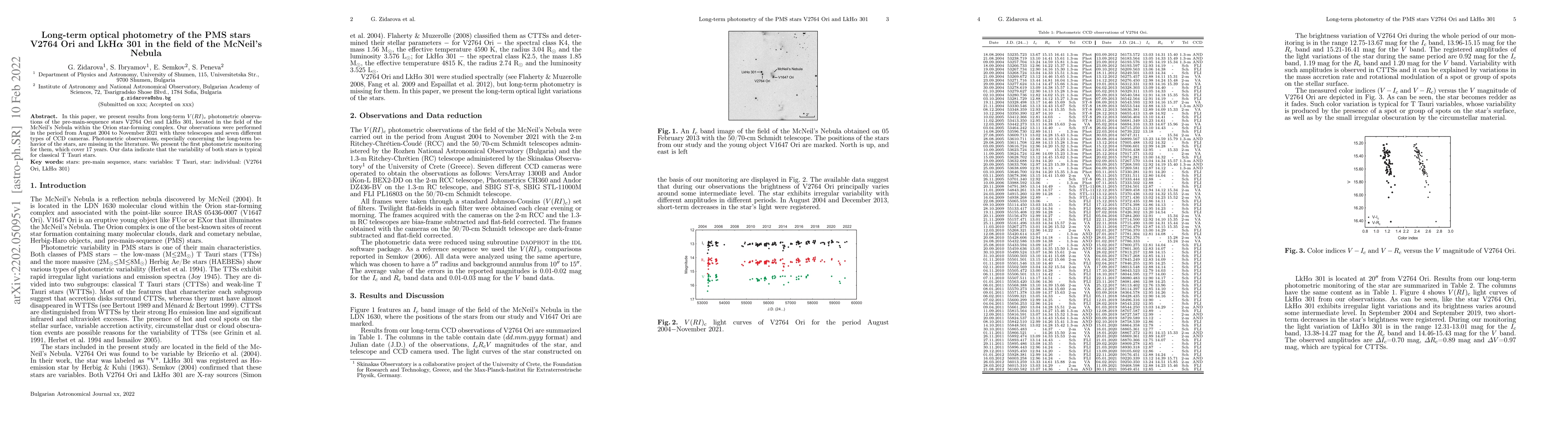 Thumbnail for Long-term optical photometry of the PMS stars V2764 Ori and LkH$\alpha$
  301 in the field of the McNeil's Nebula