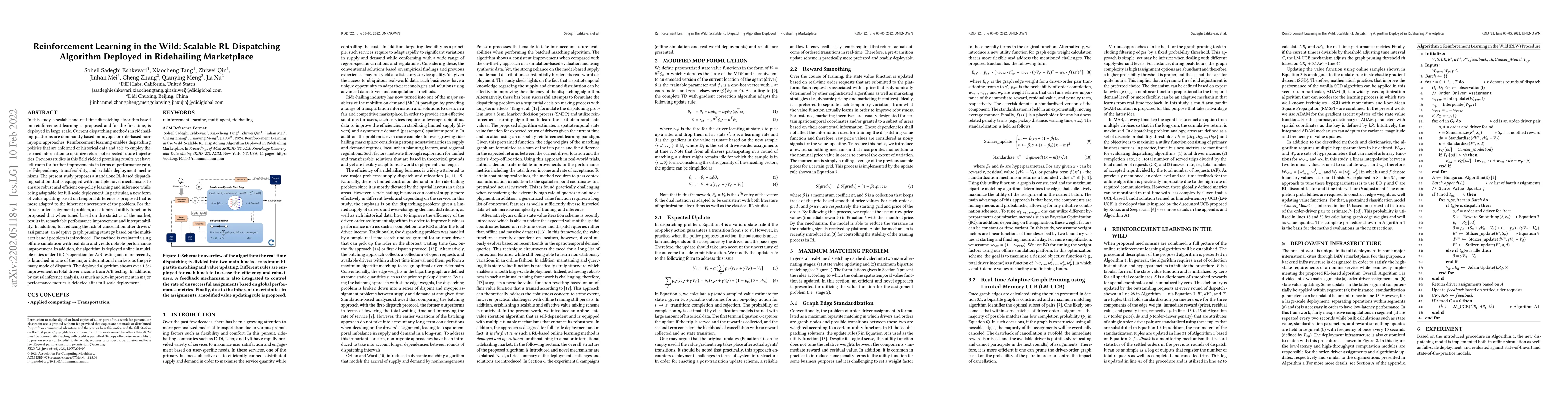 Thumbnail for Reinforcement Learning in the Wild: Scalable RL Dispatching Algorithm
  Deployed in Ridehailing Marketplace