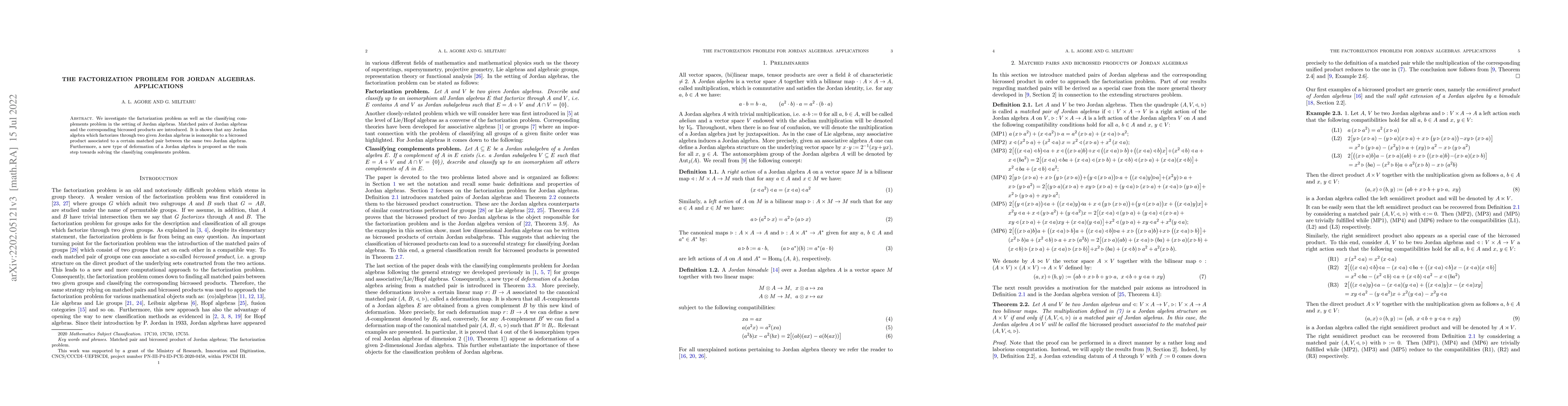 Thumbnail for The factorization problem for Jordan algebras. Applications