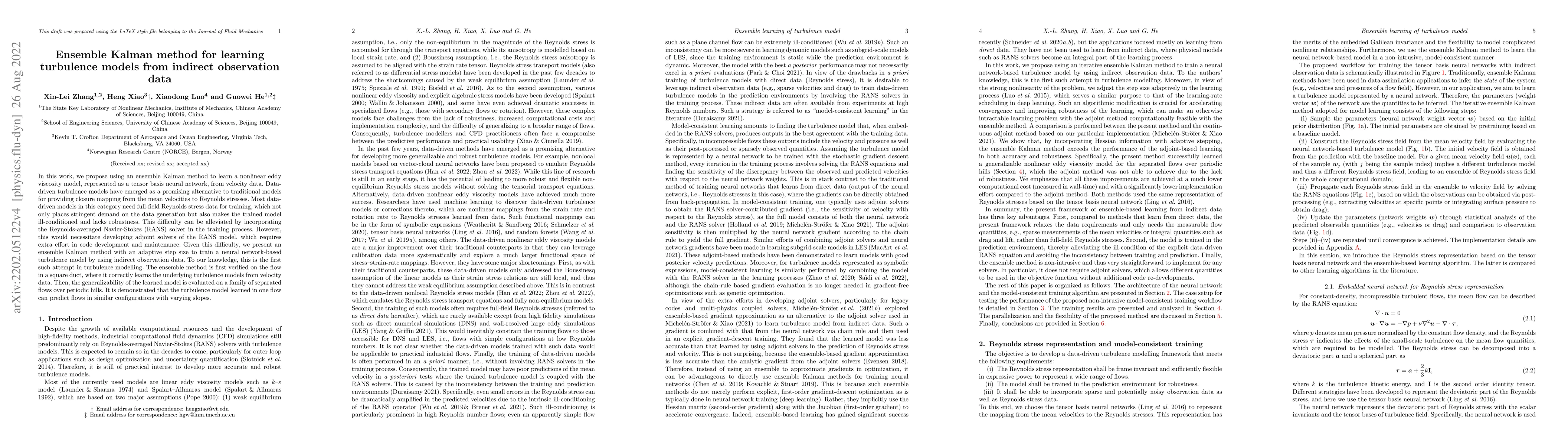 Thumbnail for Ensemble Kalman method for learning turbulence models from indirect
  observation data