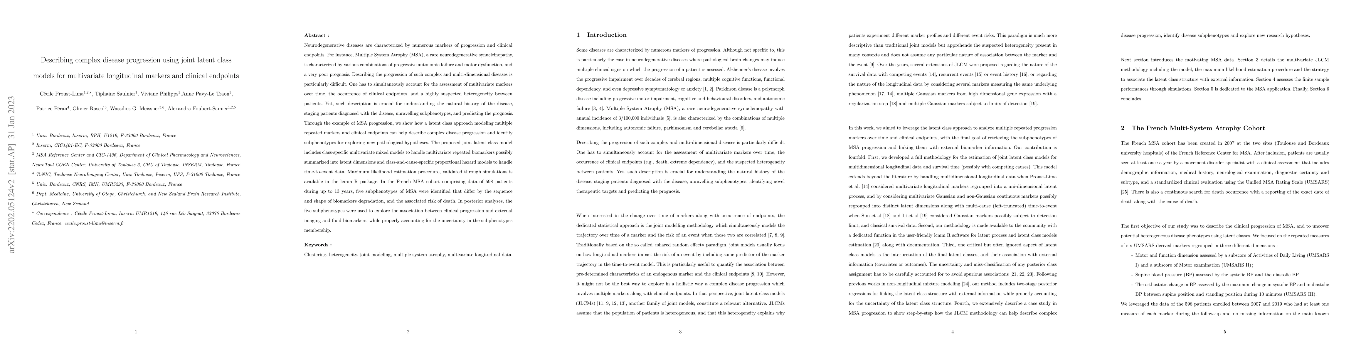 Thumbnail for Describing complex disease progression using joint latent class models
  for multivariate longitudinal markers and clinical endpoints