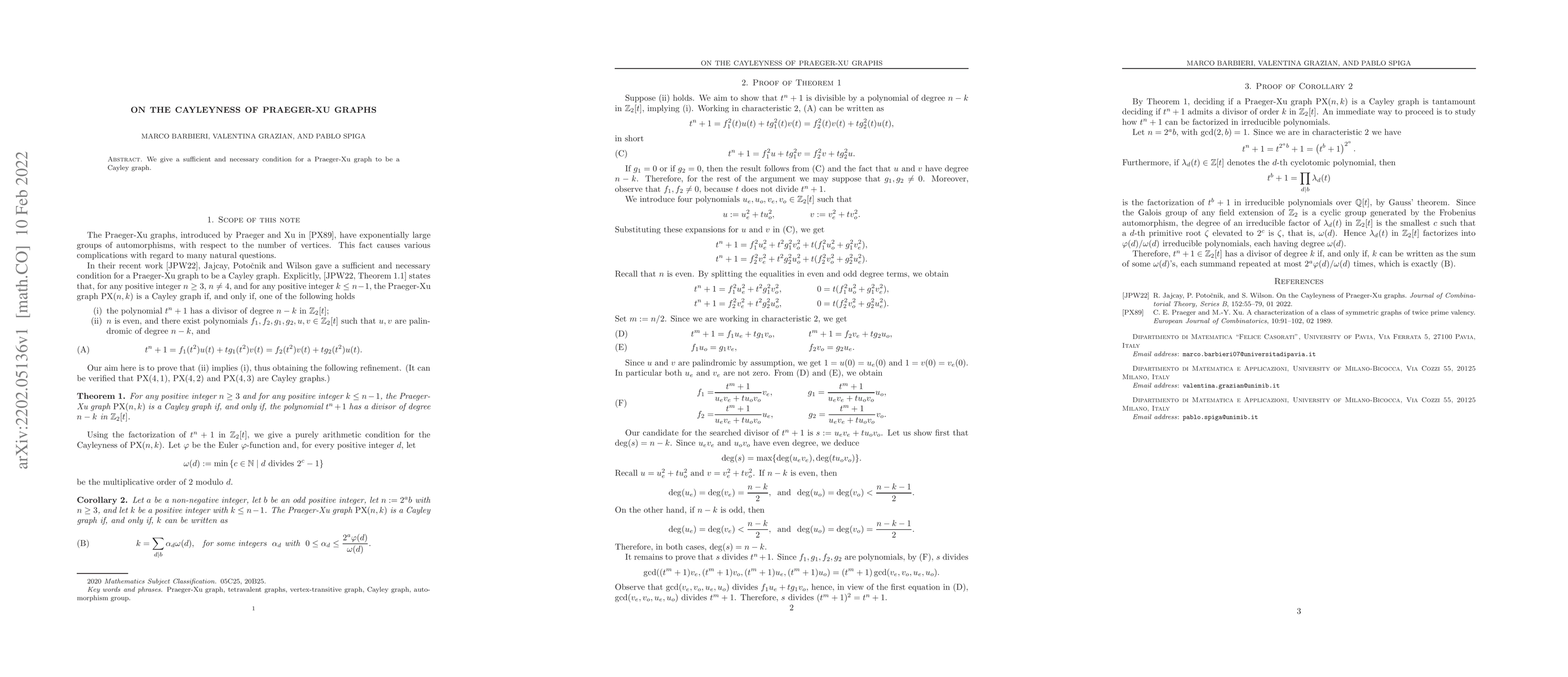 Thumbnail for On the Cayleyness of Praeger-Xu graphs