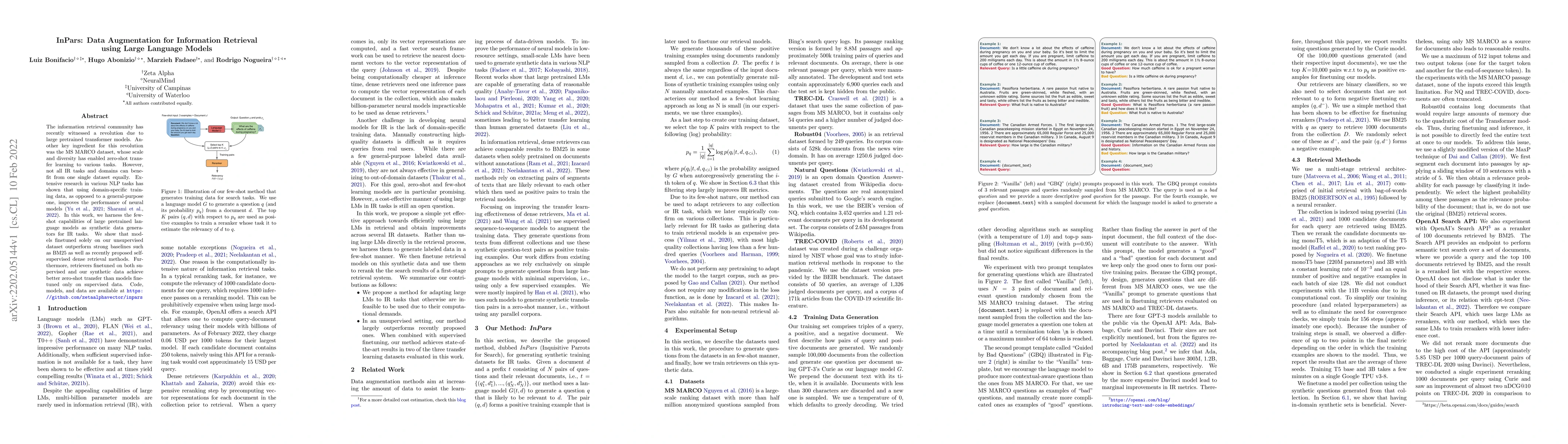 Thumbnail for InPars: Data Augmentation for Information Retrieval using Large Language
  Models