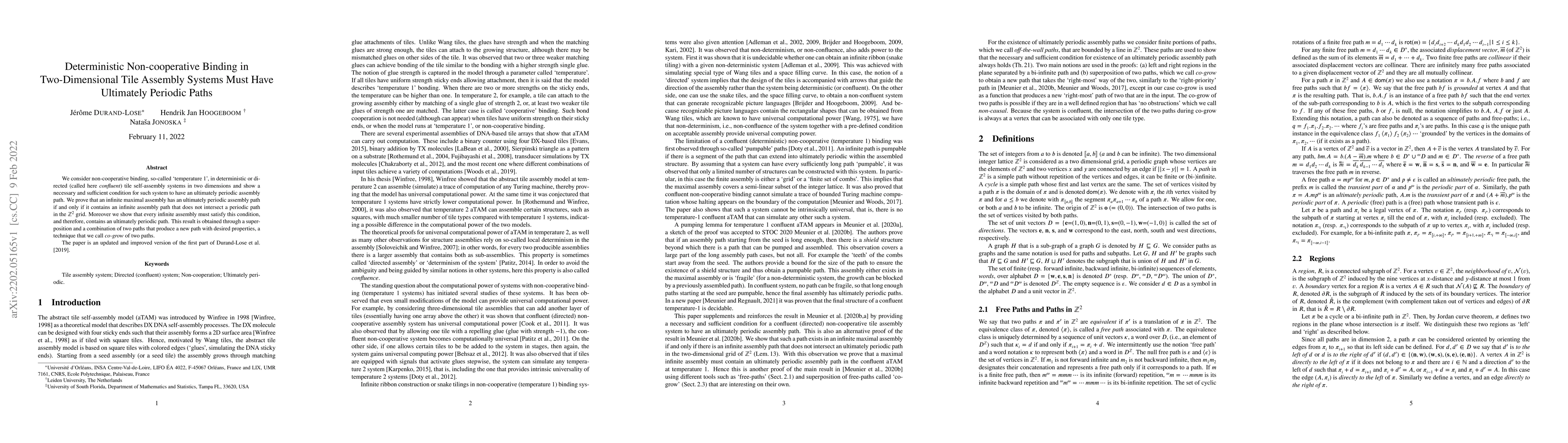 Thumbnail for Deterministic Non-cooperative Binding in Two-Dimensional Tile Assembly
  Systems Must Have Ultimately Periodic Paths