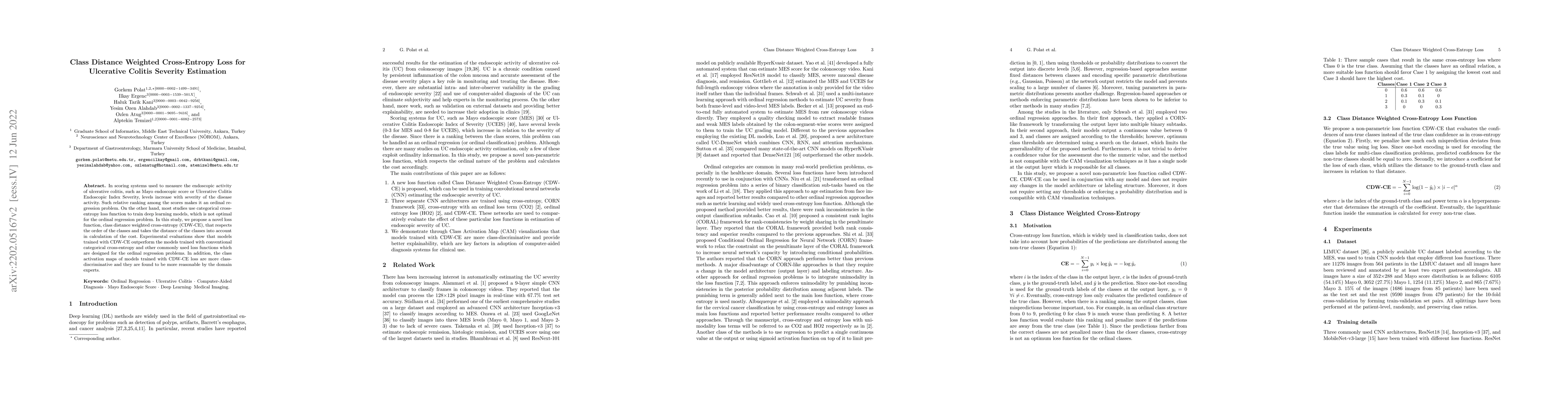 Thumbnail for Class Distance Weighted Cross-Entropy Loss for Ulcerative Colitis
  Severity Estimation