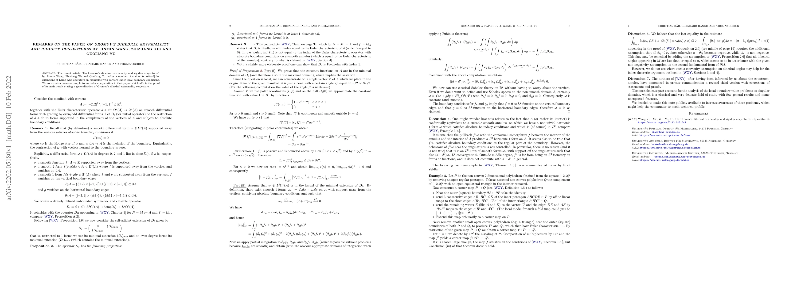 Thumbnail for Remarks on the paper "On Gromov's dihedral extremality and rigidity
  conjectures" by Jinmin Wang, Zhizhang Xie and Guoliang Yu
