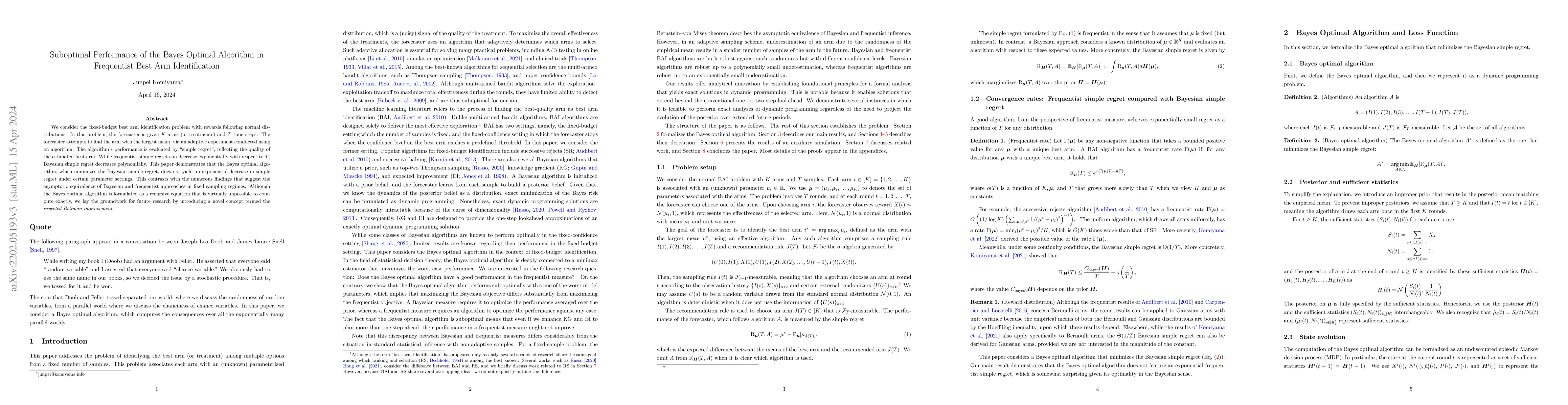 Thumbnail for Suboptimal Performance of the Bayes Optimal Algorithm in Frequentist
  Best Arm Identification