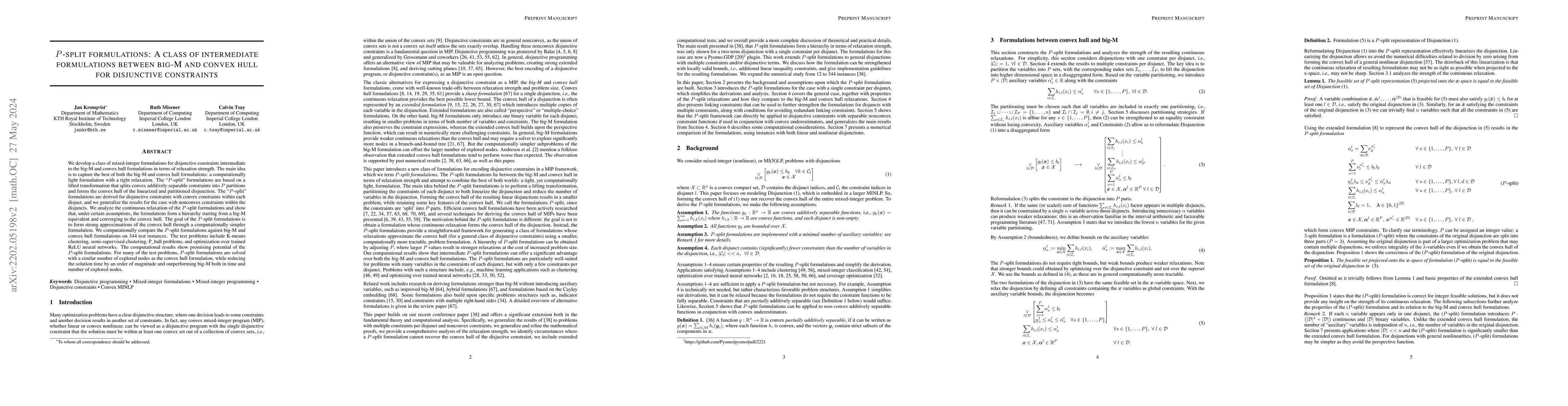 Thumbnail for P-split formulations: A class of intermediate formulations between big-M
  and convex hull for disjunctive constraints