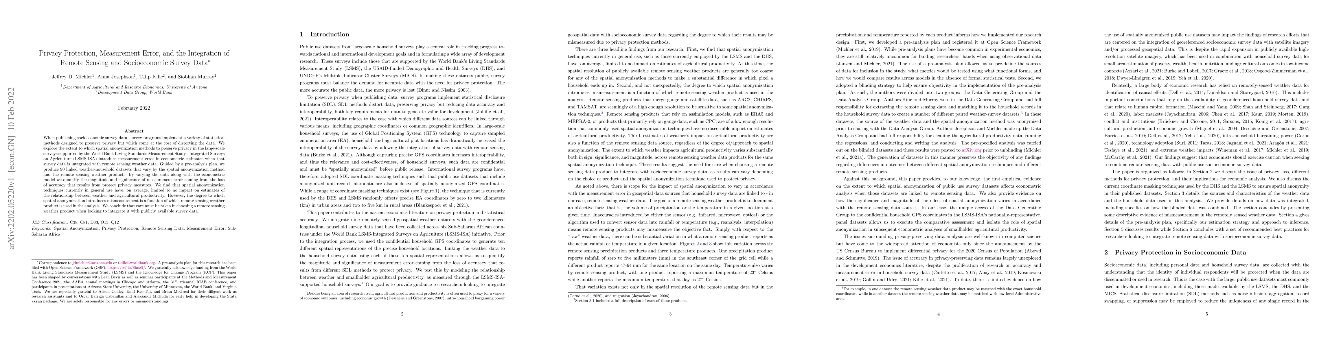 Thumbnail for Privacy Protection, Measurement Error, and the Integration of Remote
  Sensing and Socioeconomic Survey Data