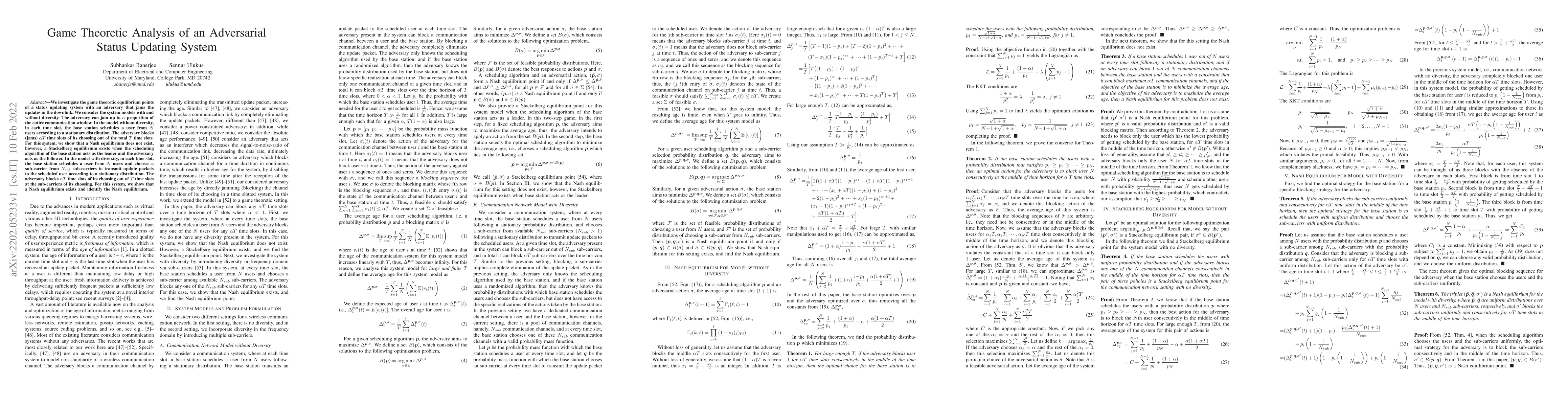Thumbnail for Game Theoretic Analysis of an Adversarial Status Updating System