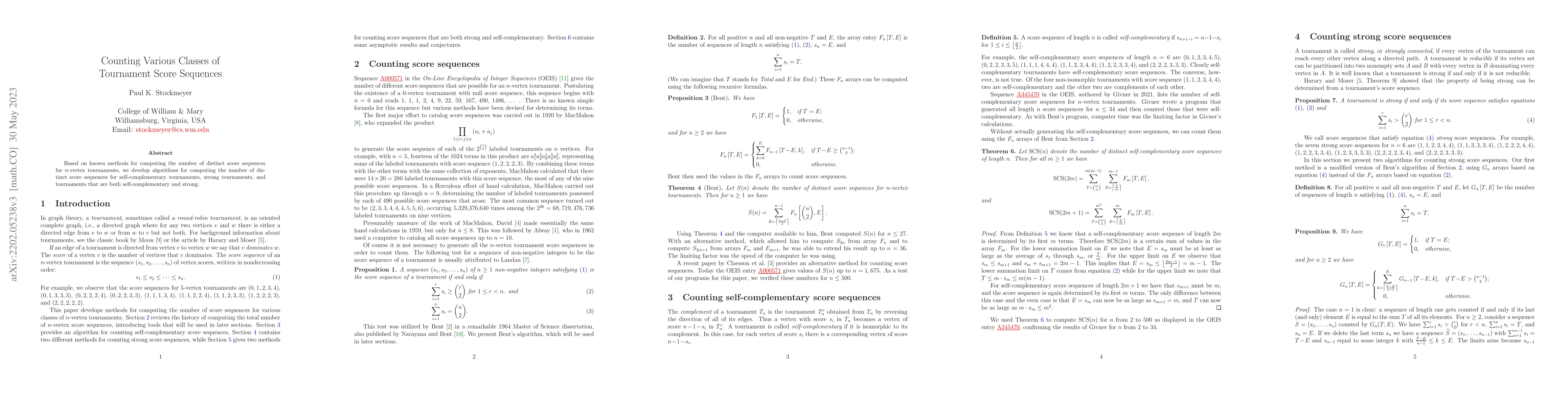 Thumbnail for Counting Various Classes of Tournament Score Sequences