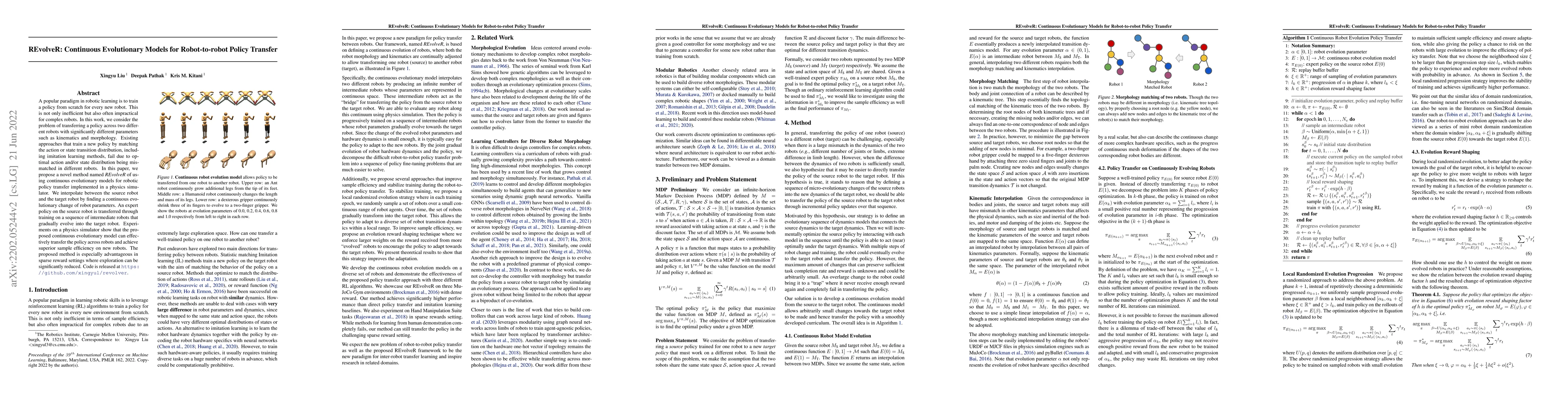 Thumbnail for REvolveR: Continuous Evolutionary Models for Robot-to-robot Policy
  Transfer