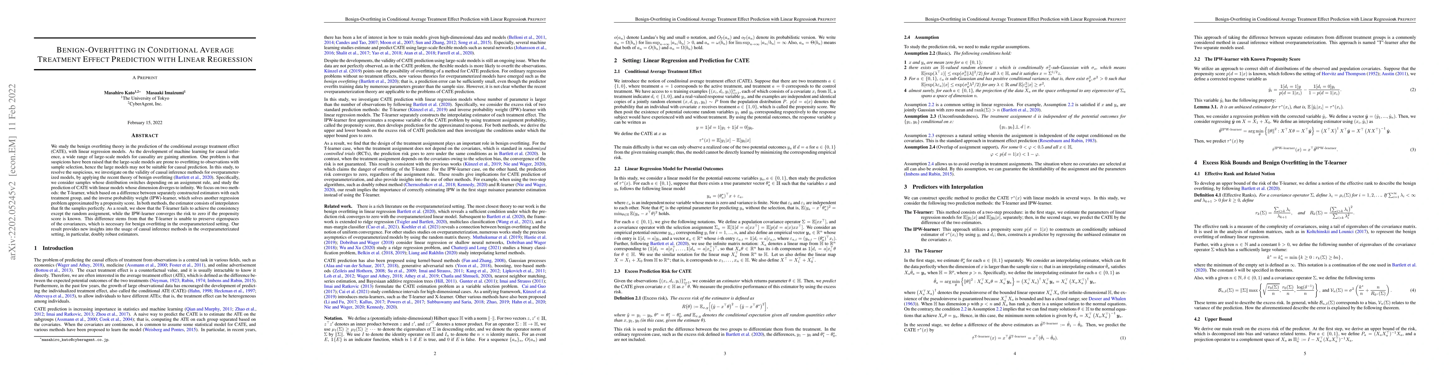 Thumbnail for Benign-Overfitting in Conditional Average Treatment Effect Prediction
  with Linear Regression