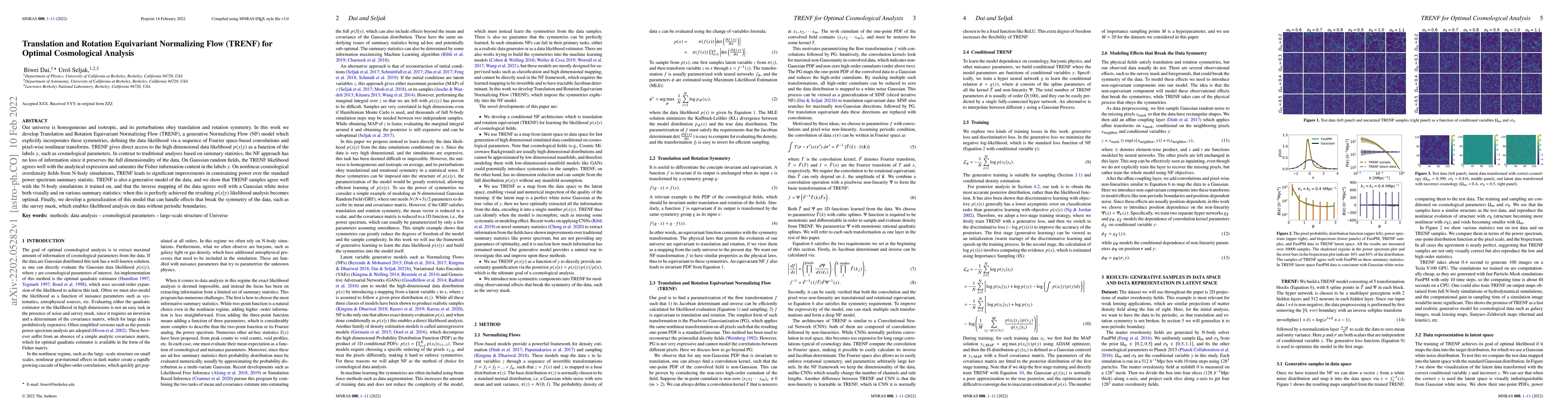 Thumbnail for Translation and Rotation Equivariant Normalizing Flow (TRENF) for
  Optimal Cosmological Analysis